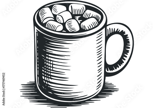 Hot Chocolate Mug with Marshmallows Drawing. Vector hand drawn illustration