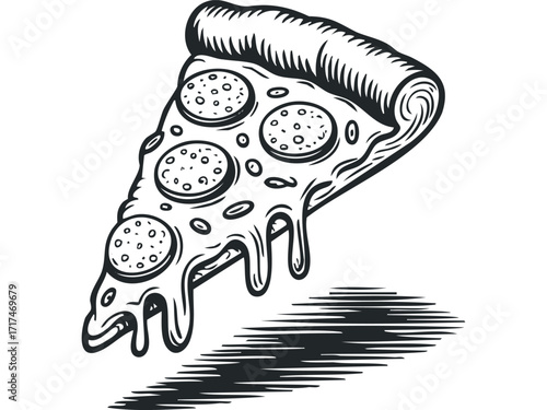 Drawn slice of pepperoni pizza with melting cheese. Vector hand drawn illustration