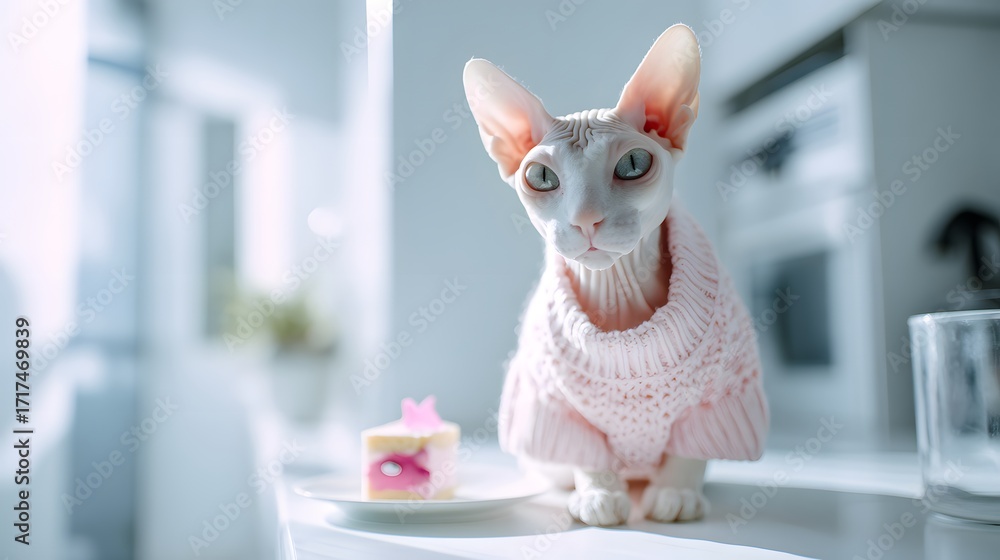 Fototapeta premium Cozy Kitchen Chic: Sphynx Cat in a Knitted Sweater with Cute Expression