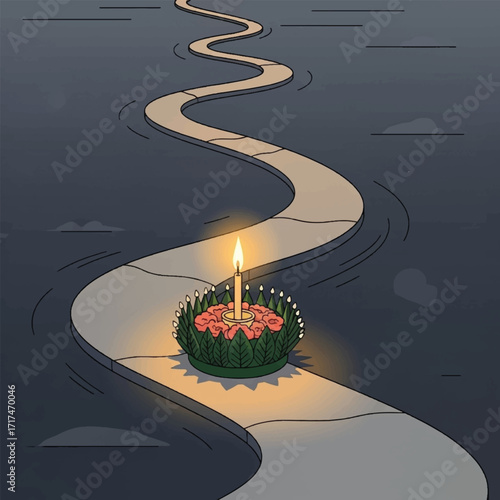 An illustrated krathong with a lit candle floats along a winding, illuminated path on dark water at night.