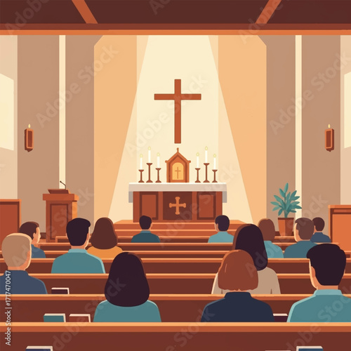 A congregation sits in a church, facing an altar with a cross and candles, bathed in warm light.