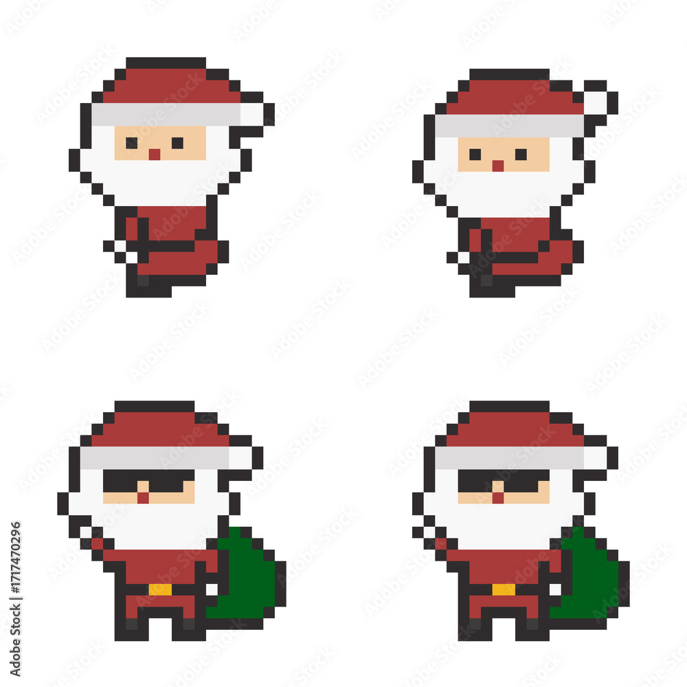 Obraz premium 8-bit pixel art cute and funny christmas santa character icon set
