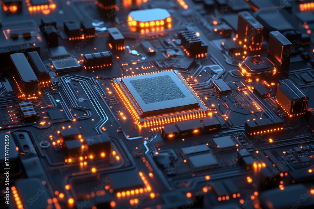 Obraz premium Digital neon glowing processor board