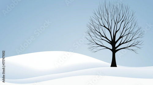 Winter scene: Bare tree silhouetted against a pale blue sky over snow-covered hills