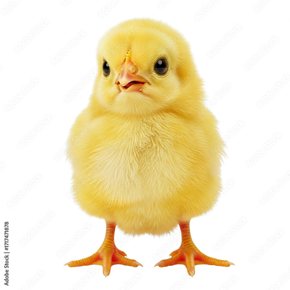 Obraz premium Adorable fluffy yellow baby chick standing against white background