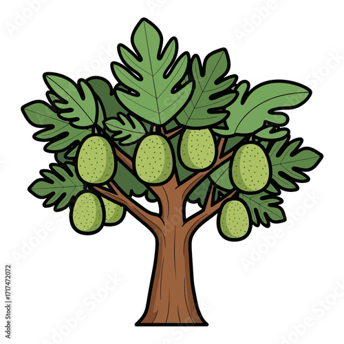 Cartoon illustration of a tree with large green fruits and leaves.