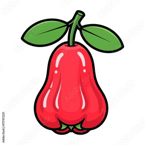 Cartoon illustration of a red rose apple fruit with green leaves.