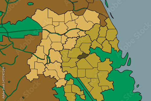 Detailed Map of Land Divisions with Water and Green Areas territory region