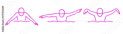 Minimalist black and white line art illustration of butterfly arm movement, swimmer shown in three sequential positions