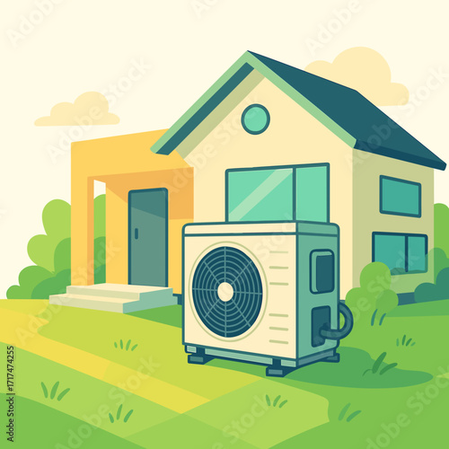 Air conditioning unit outside a modern house in a residential area  