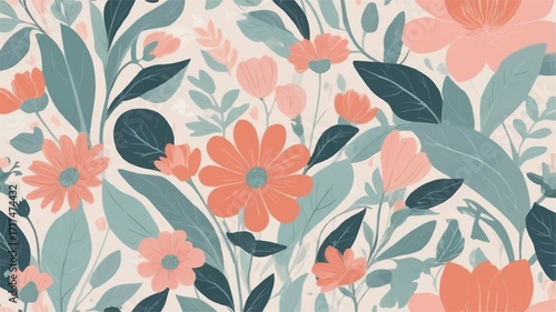 A seamless floral pattern featuring pink blossoms and green foliage on a soft background