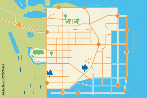 Colorful Abstract City Map with Water and Green Spaces illustration map of
