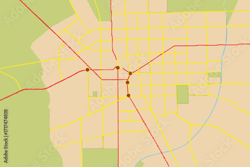 Urban Grid Map with Red and Yellow Roads and Green Areas city illustration map of