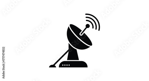 Simple black and white illustration of a satellite dish with signal waves