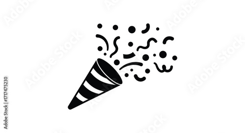 Simple black and white illustration of a party popper with confetti