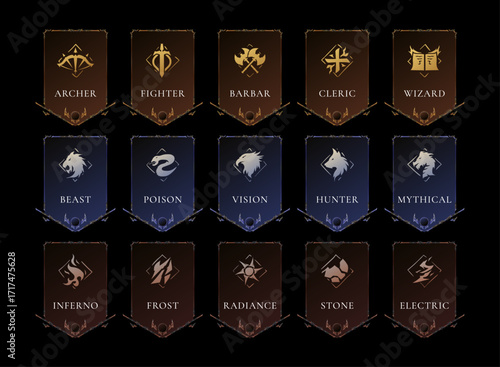 Fantasy RPG Card Banners – Guild Class Role Symbols, Clan House Crests, and Elemental Magic Emblems for Medieval Trading Card Game TCG Vector Design