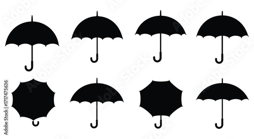 A collection of black umbrella silhouettes displayed in a simple grid pattern