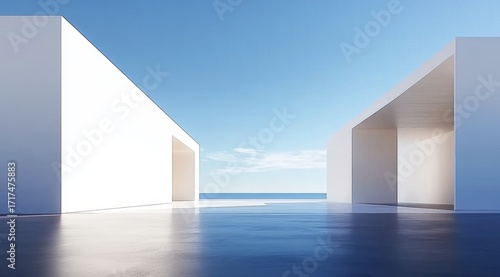 Minimalist white architectural structures with open spaces facing the ocean under a clear blue sky