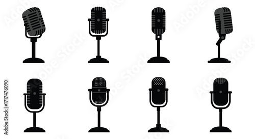 Collection of vintage style microphones in a simple black and white design