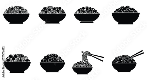 Illustrative black and white depictions of ramen noodle bowls and chopsticks