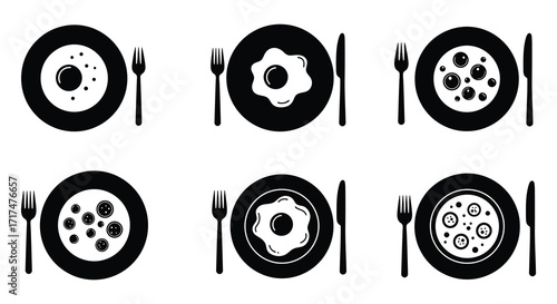 Black and white illustration of pizza and fried eggs with cutlery