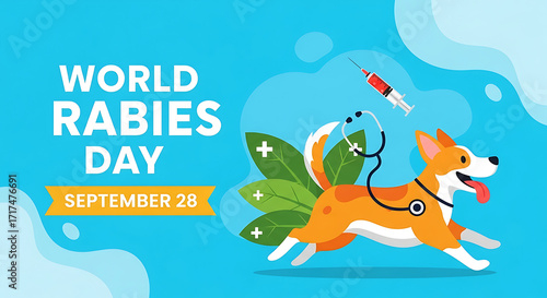 Happy dog celebrates world rabies day with vaccination and stethoscope