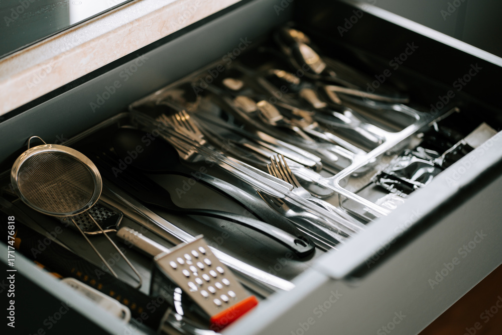 Fototapeta premium Organized kitchen drawer filled with various cooking utensils and tools for meal preparation