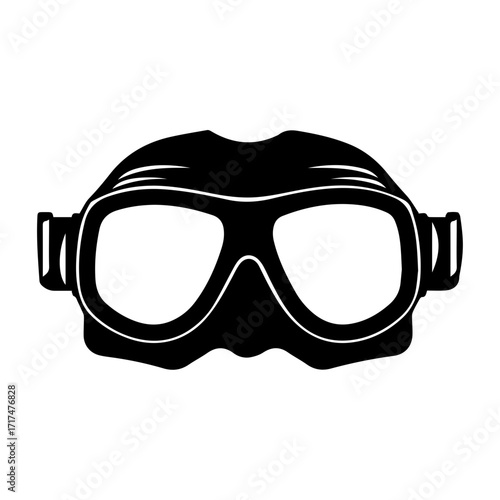 Illustration of a black diving mask with white lenses and adjustable straps on a white background