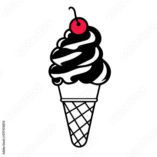 Ice cream cone with chocolate soft serve and a cherry on top in a waffle cone illustration