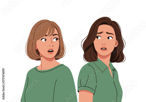 Vector illustration of two young women looking aside with shocked and surprised expressions
