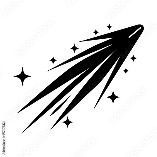 Black and white illustration of a shooting star with a trail of light and several small stars around it