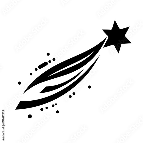 Black and white illustration of a shooting star with a tail and scattered dots on a white background