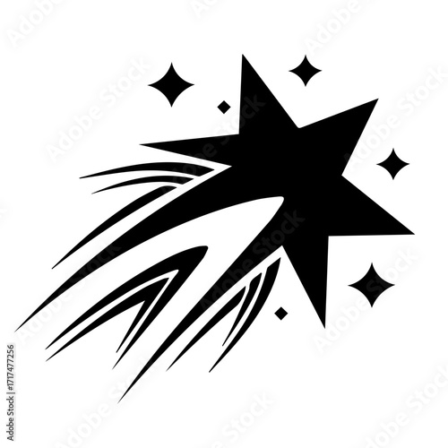Black shooting star with sparkling stars and motion trails on a white background is displayed here