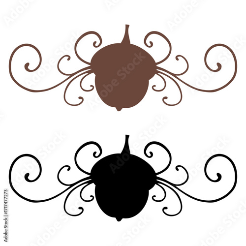 Logo con silueta de bellota con filigrana caligráfica. Silueta con florituras para felicitaciones y tarjetas del Día de Acción de Gracias