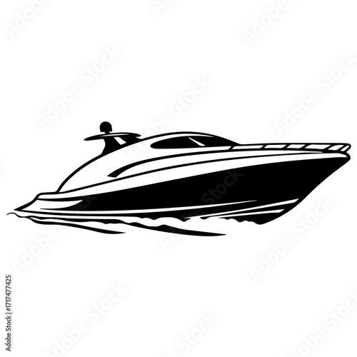 Illustration of a sleek black and white motorboat gliding across the water with a smooth wake behind it