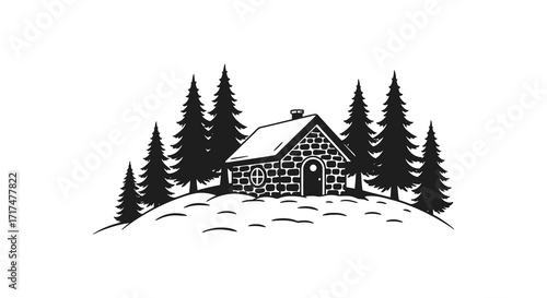 Cozy stone cabin nestled among tall evergreen trees in winter landscape