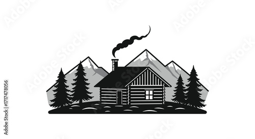 Cozy cabin nestled amongst towering mountains and evergreen trees monochrome