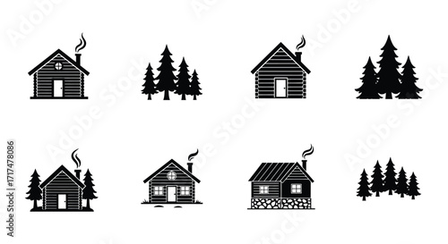 Simple black and white illustration of cabins and evergreen trees