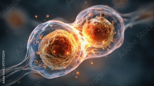 Two vibrant cells merging in a dynamic process, showcasing intricate structures and glowing energy, representing the essence of life and biological interaction in a stunning visual display