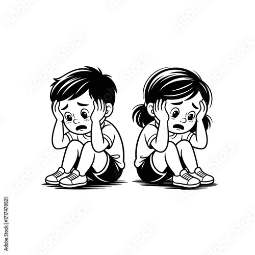 Sad boy and girl sitting upset and crying vector illustration emotion concept isolated on white background