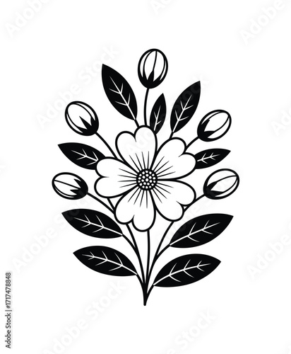 Elegant hand drawn floral illustration with blooming flower and buds