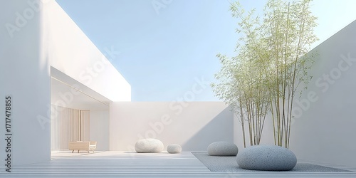 Minimalist white architectural space with bamboo plants and smooth stone elements under clear sky