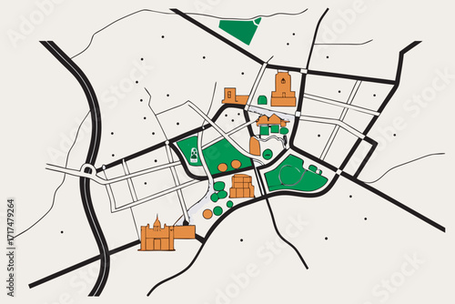 Illustrated City Map with Orange Buildings and Green Parks urban plan map of