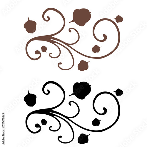 Logo con silueta de bellota con filigrana caligráfica. Silueta con florituras para felicitaciones y tarjetas del Día de Acción de Gracias