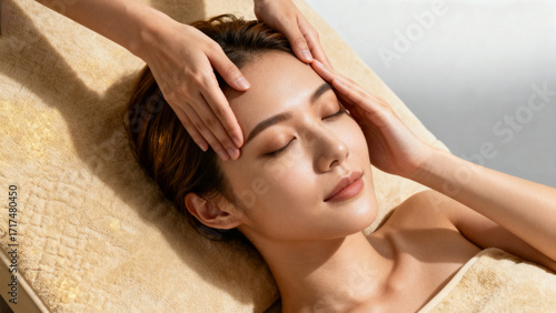 Woman receiving head massage in spa setting, lying on towel-covered bed with eyes closed