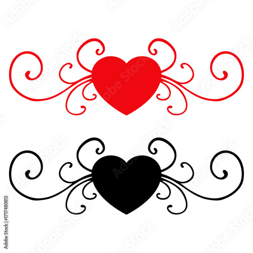 Logo con silueta de corazón con filigrana caligráfica. Silueta con florituras para felicitaciones y tarjetas del día de San Valentín 