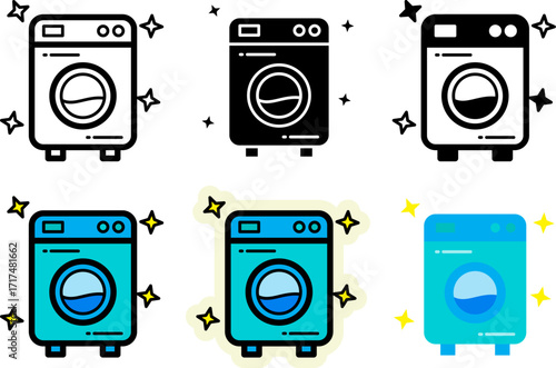washing machine icons set monochrome and colorful variations