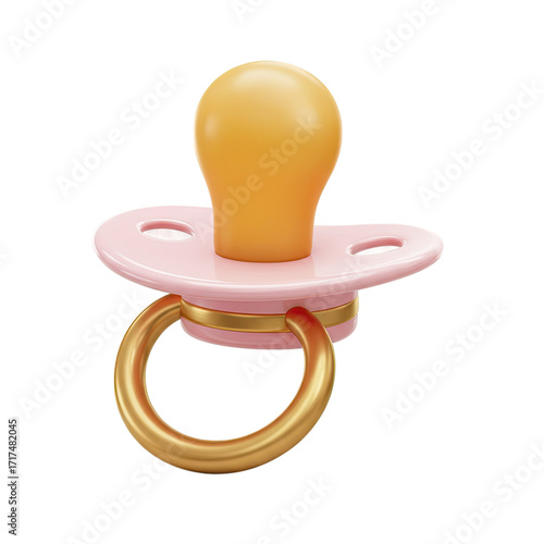 3D Render of Pink and Gold Baby Pacifier on Warm Orange Gradient Background