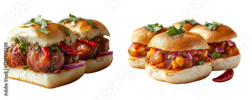Minimalistic Product Photo of Vada Pav with Toasted Bun and Chili, Hyper Realistic Isolated on White with Copy Space for E-Commerce Listing