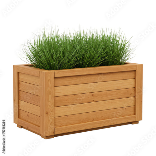 3D Render of Lush Green Grass in a Wooden Planter Box on a Blurred Green and Brown Background for Home and Garden Decor or Landscape Design Projects